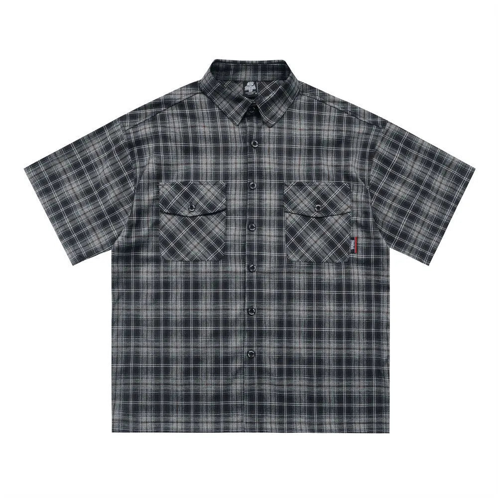 Men's black plaid short sleeve shirt with embroidered letter design on lapel