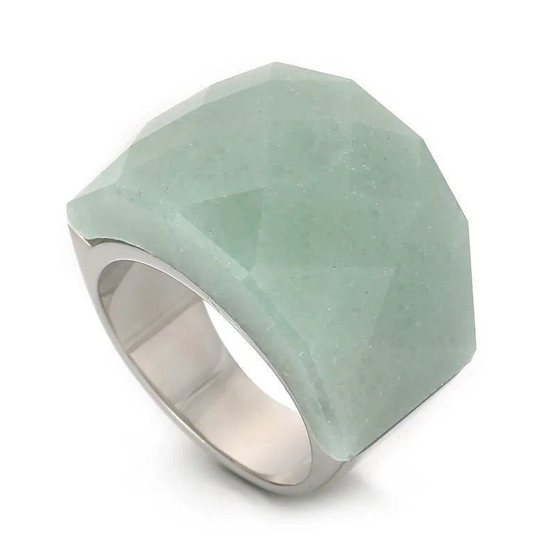 Women's geometric stainless steel natural stone ring with 17mm width in electroplated finish