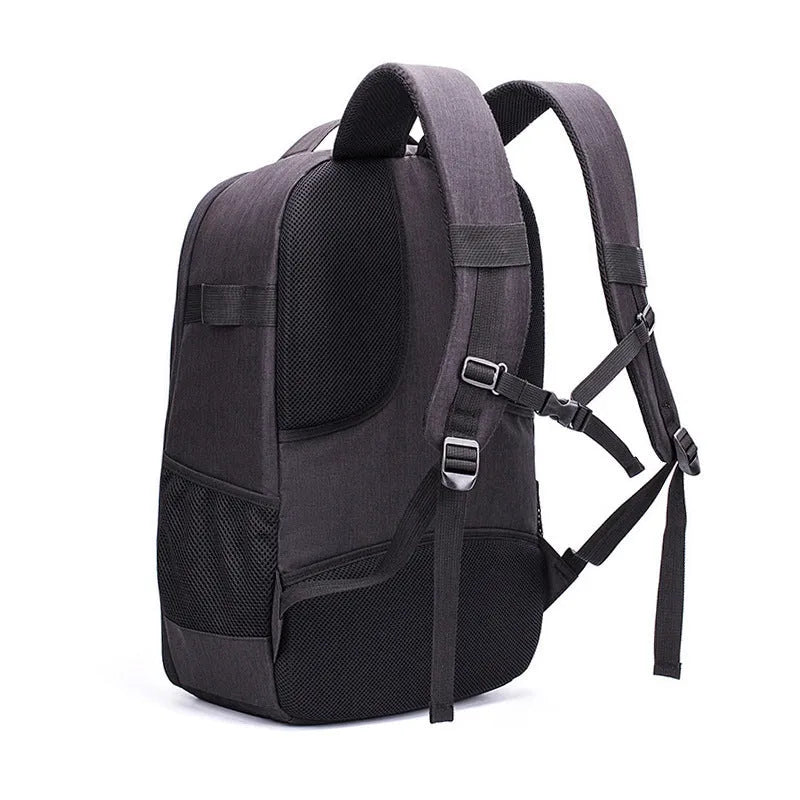 Black Oxford cloth UAV backpack with multiple compartments for drone and camera equipment