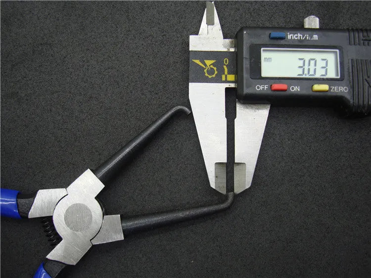 Iron caliper tubing pliers with rubber-coated handles, shown in two sizes for fuel line maintenance.