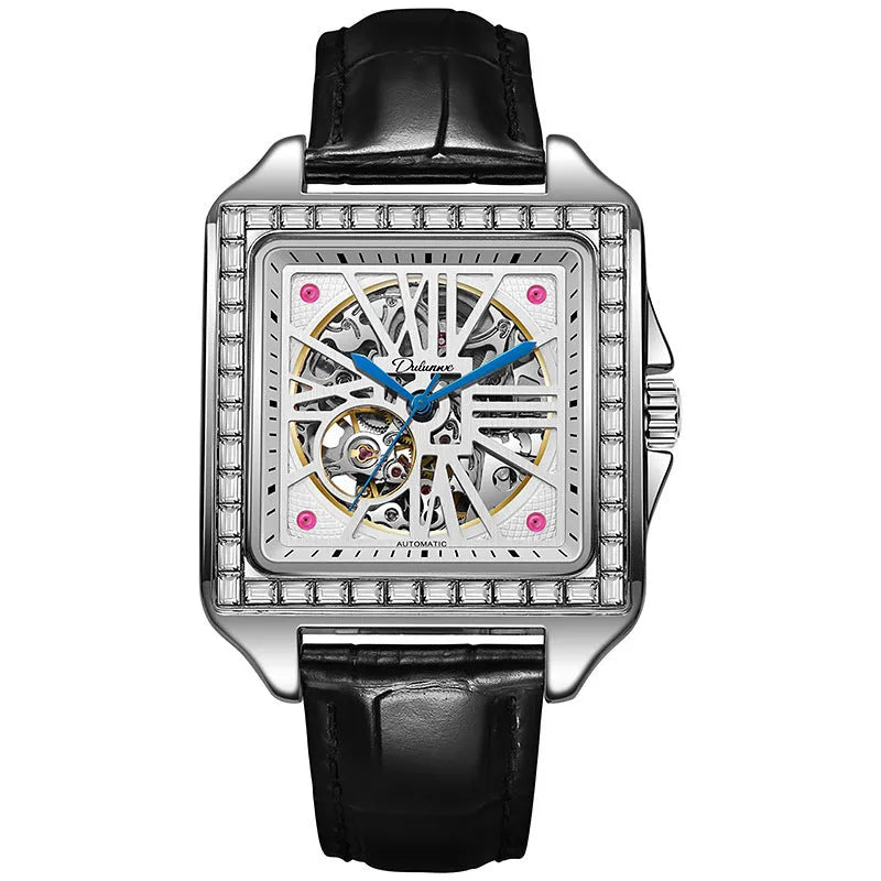 Men's square automatic watch with diamond studs on black leather strap