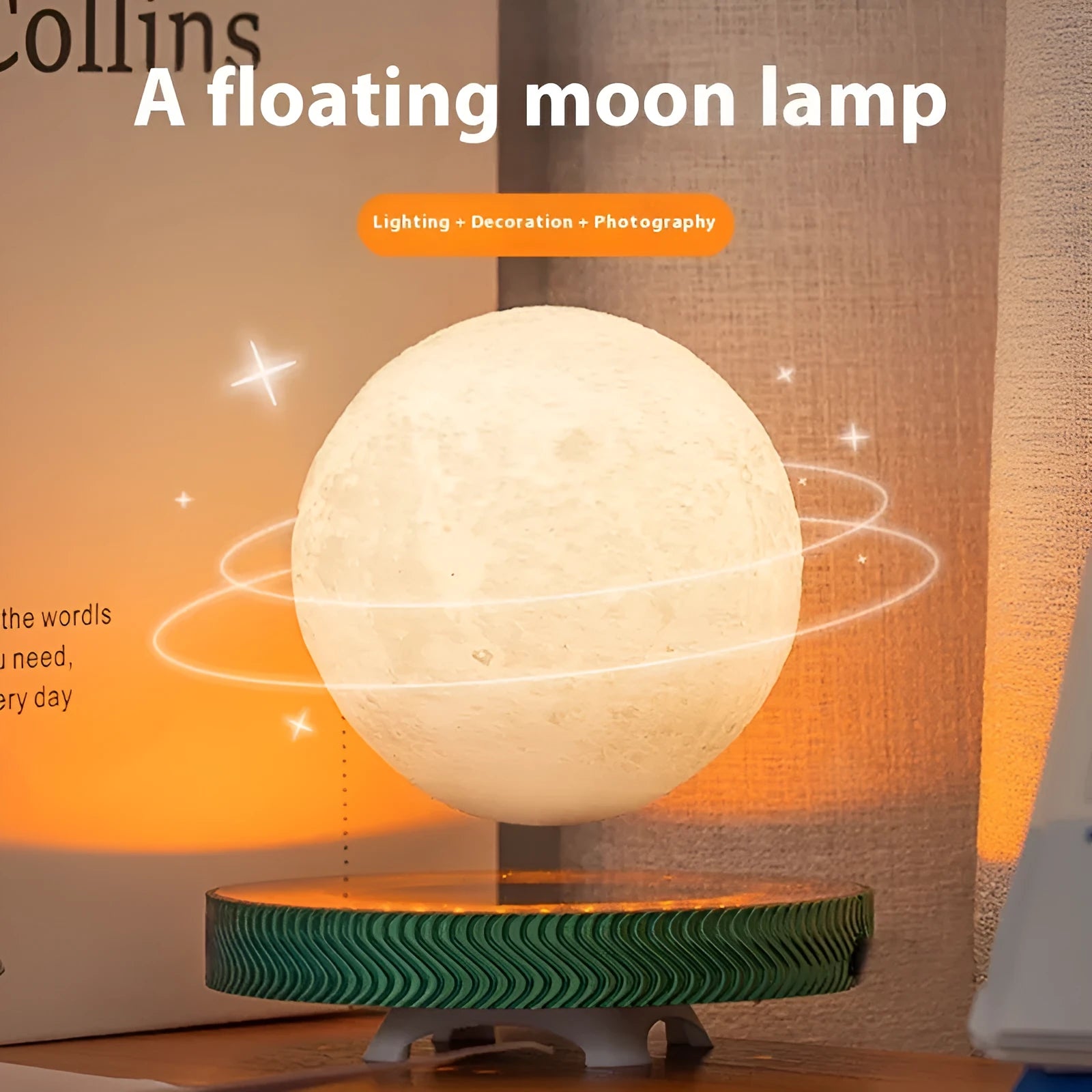 Modern magnetic levitation lamp with a 3D-printed spherical moon ornament floating above its base.