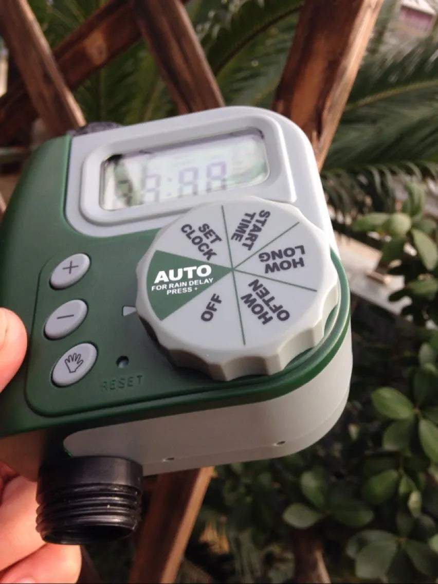 Green automatic LCD garden irrigation controller with dial, hose sprinkler water timer, 1 to 300 minute setting