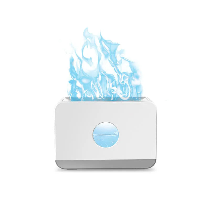 Two-colour flame aromatherapy humidifier with remote control, square plastic design, and water tank