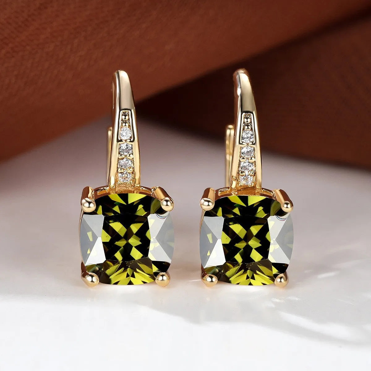 Square geometric ear hooks with round zircon inlays in gold, platinum, or rose gold finish