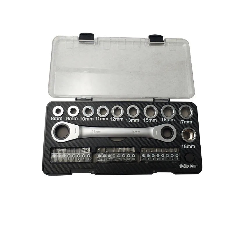 Dual-purpose ratchet wrench set with reversible head, 10 sockets, and 3 screwdriver bit heads on a workbench.