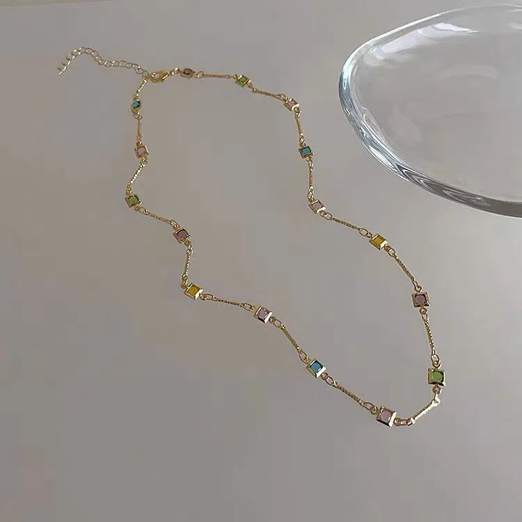 Square colour geometric alloy clavicle chain necklace with artificial crystals in gold tone