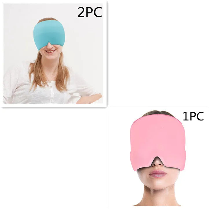 Black elastic cloth gel ice headache relief eye mask showing adjustable headband and cooling gel construction