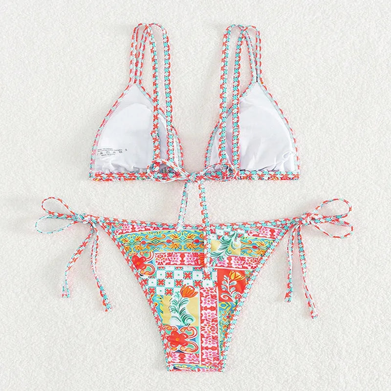 Women's lace-up split bikini swimsuit with backless European styling
