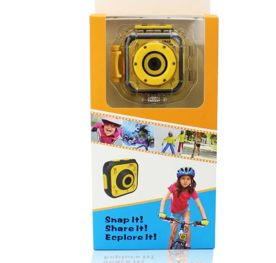 Yellow children's waterproof sports camera with 1.77-inch screen showing dimensions of 60x60x25mm
