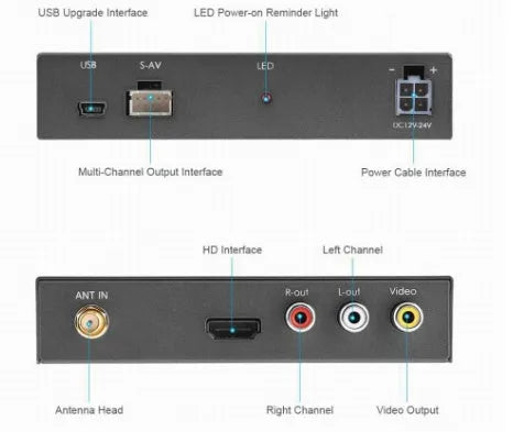 Black Car Mirror Link Box Wi-Fi AV converter kit with host unit, power cable, antenna, and AV cable