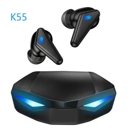 Blue Private Model K55 wireless Bluetooth gaming headset with TWS earbuds.