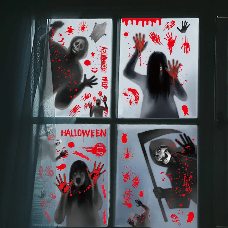 Six PVC electrostatic Halloween stickers with female ghost and skull motifs arranged as a window scene layout