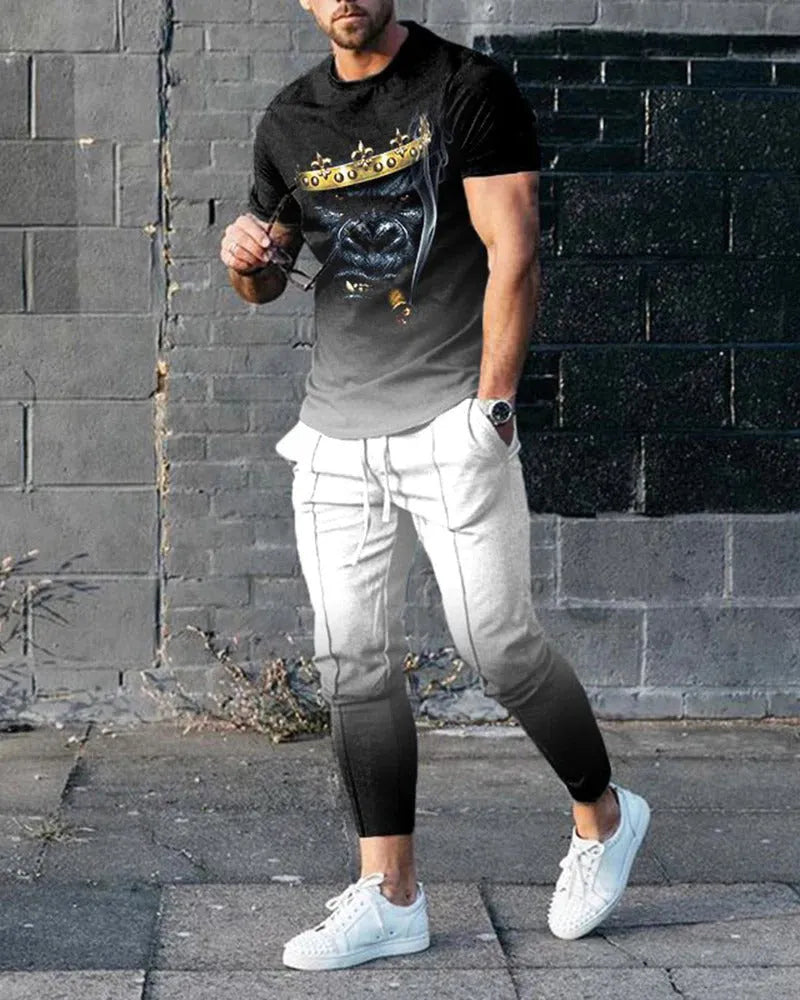 Man wearing a thin, short-sleeve polyester blend pullover and matching trousers from a sports tracksuit set.