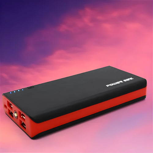 4U 20000mAh power bank in blue, showing size next to a smartphone for scale.