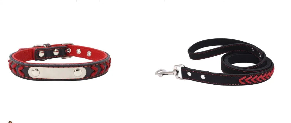 Stainless steel iron dog collar with laser lettering on genuine leather strap, available in blue, pink, purple, red and yellow