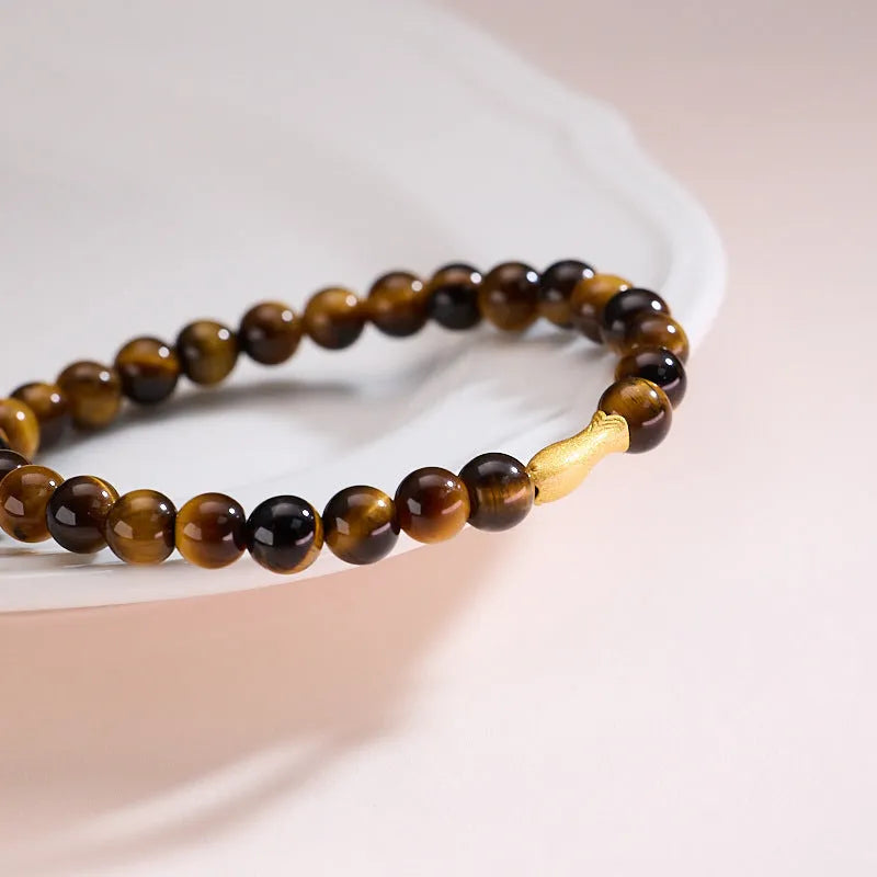 Tigereye small fish pendant handmade beaded bracelet with natural stone beads in 6mm size