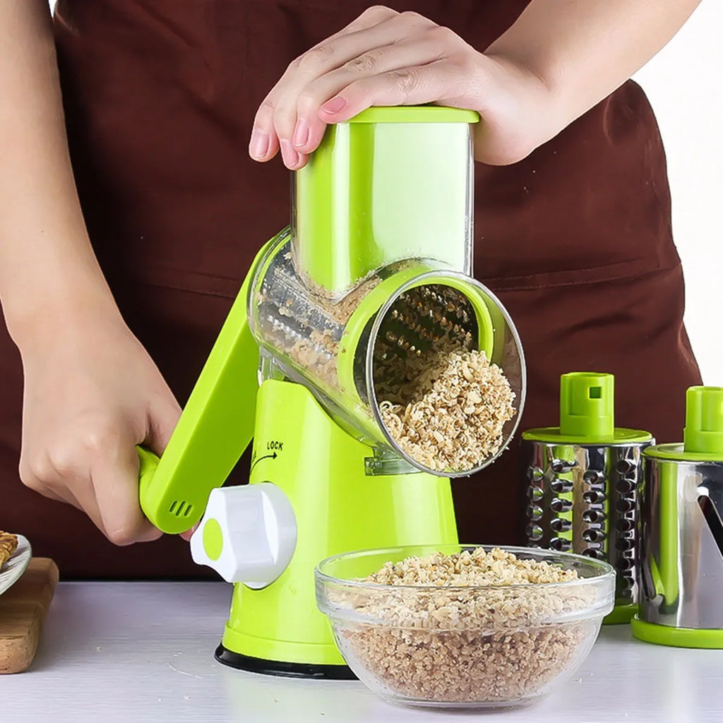 Round vegetable cutter with 3 stainless steel drum blades, compact detachable mandoline slicer with bottom sucker