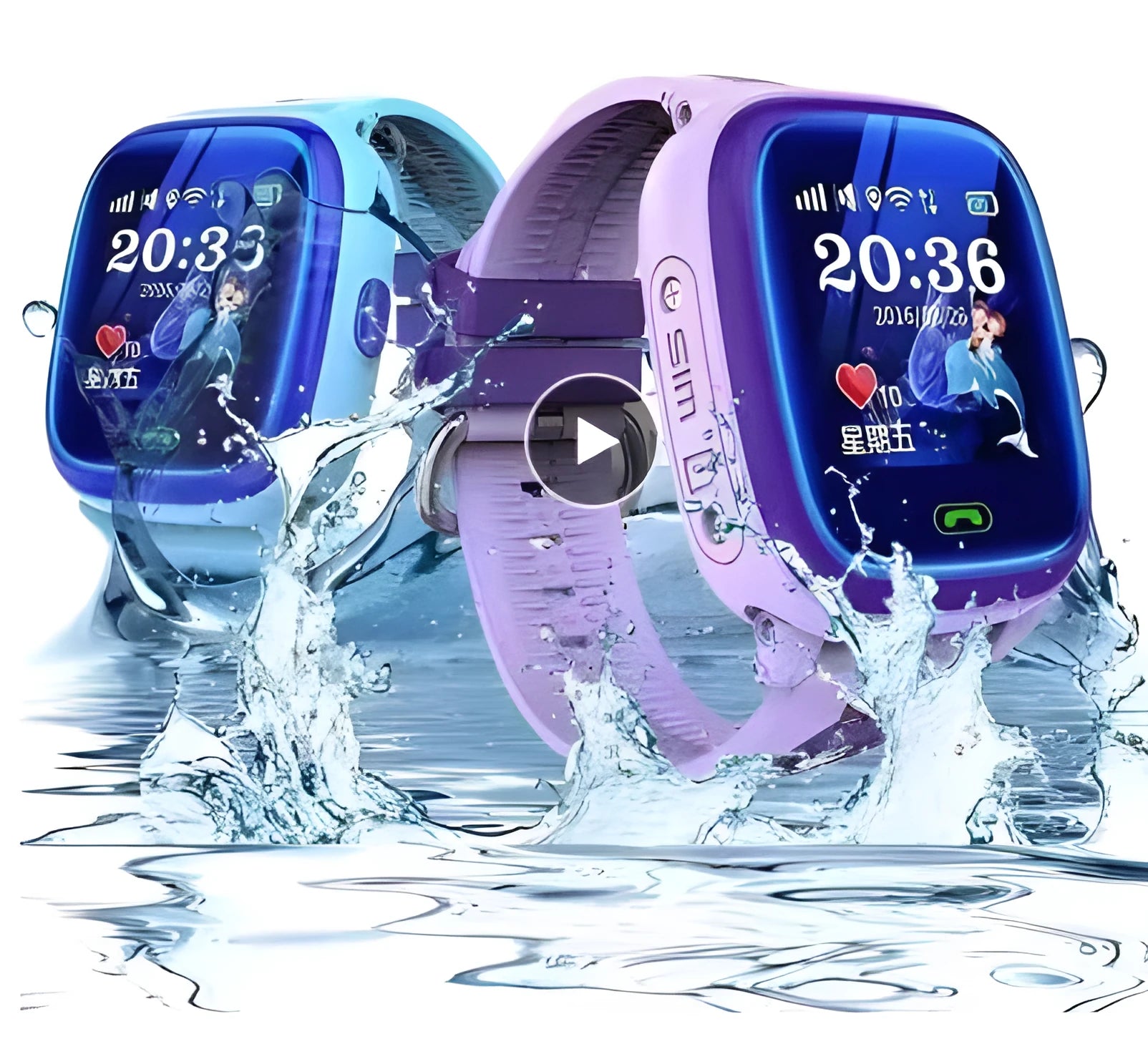 Blue children's waterproof smart watch with touch screen display showing time and SOS icon on a silicone strap.