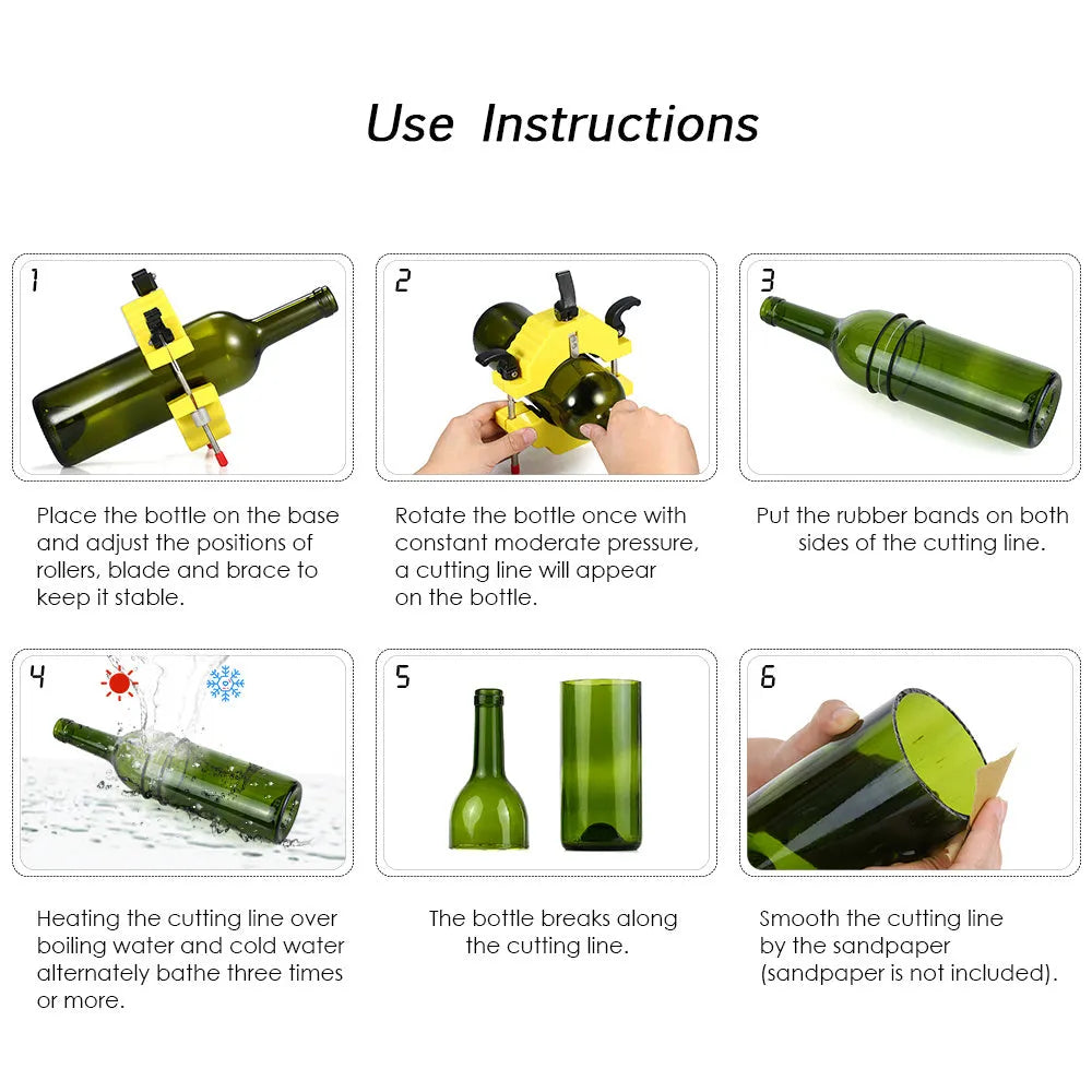 Yellow adjustable bottle cutter tool for DIY glass bottle cutting on a wooden table.