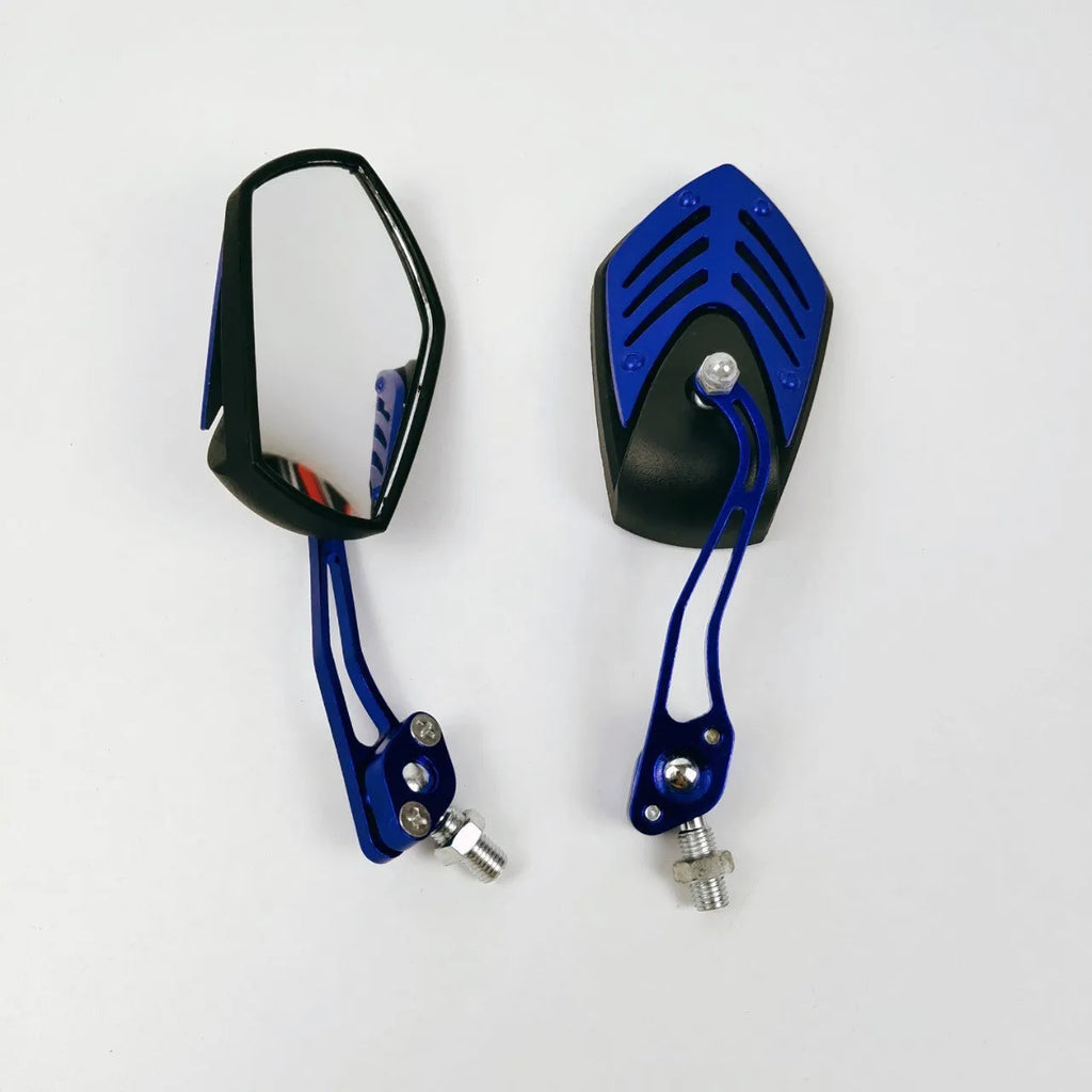 Pair of Ghost Fire motorcycle rearview mirrors, 12cm x 6.7cm clear glass, 13.5cm aluminium stem, ABS housing
