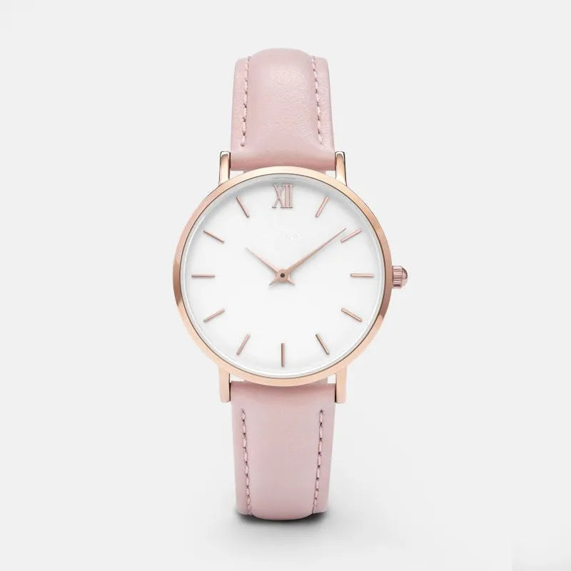 Square quartz watch with PU leather strap and alloy case in a selection of colours on a white background.