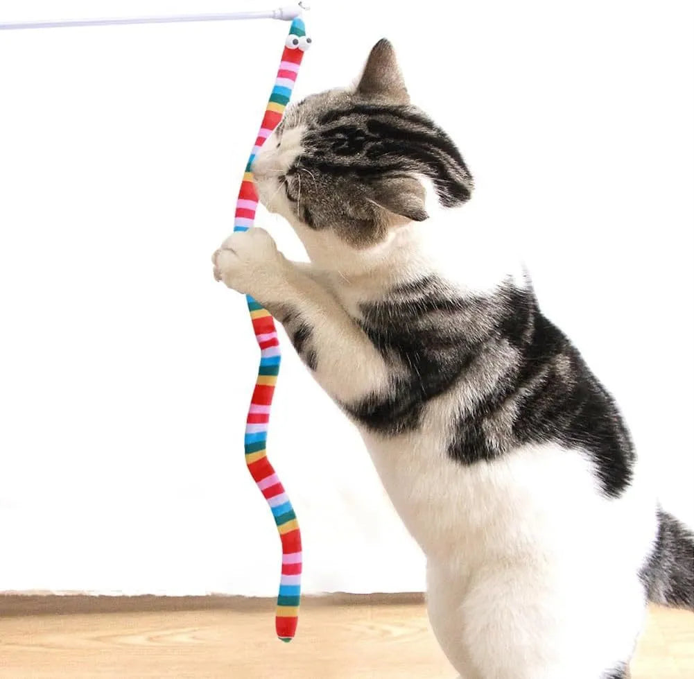 Cat wand teaser toy with polycarbonate pole and colourful plush strip for interactive play