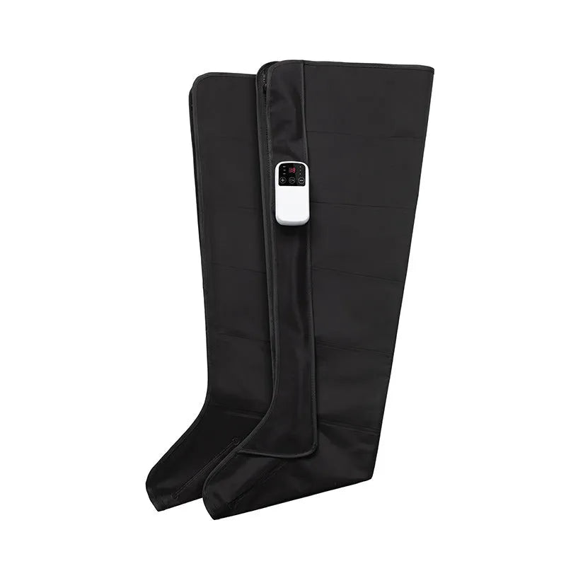 Black leg massage boots with air wave technology, fully wrapped design covering calf and foot