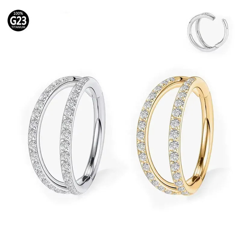 G23 titanium alloy lip ring and nose ring set with diamond treatment in gold or steel colour.
