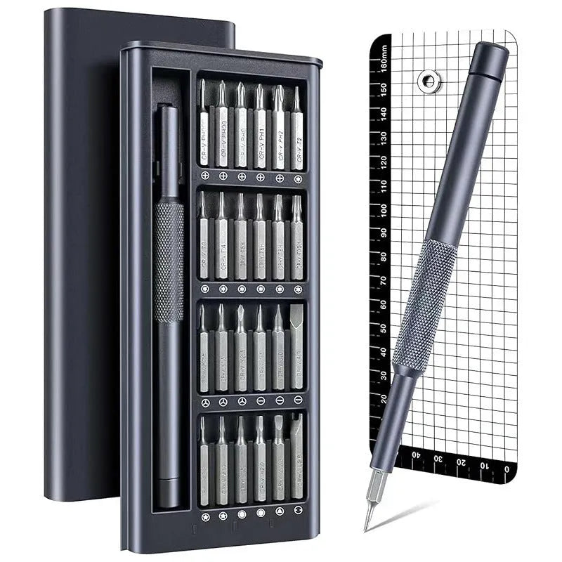 25-in-one magnetic precision screwdriver set with knurled black handle and multiple bits.