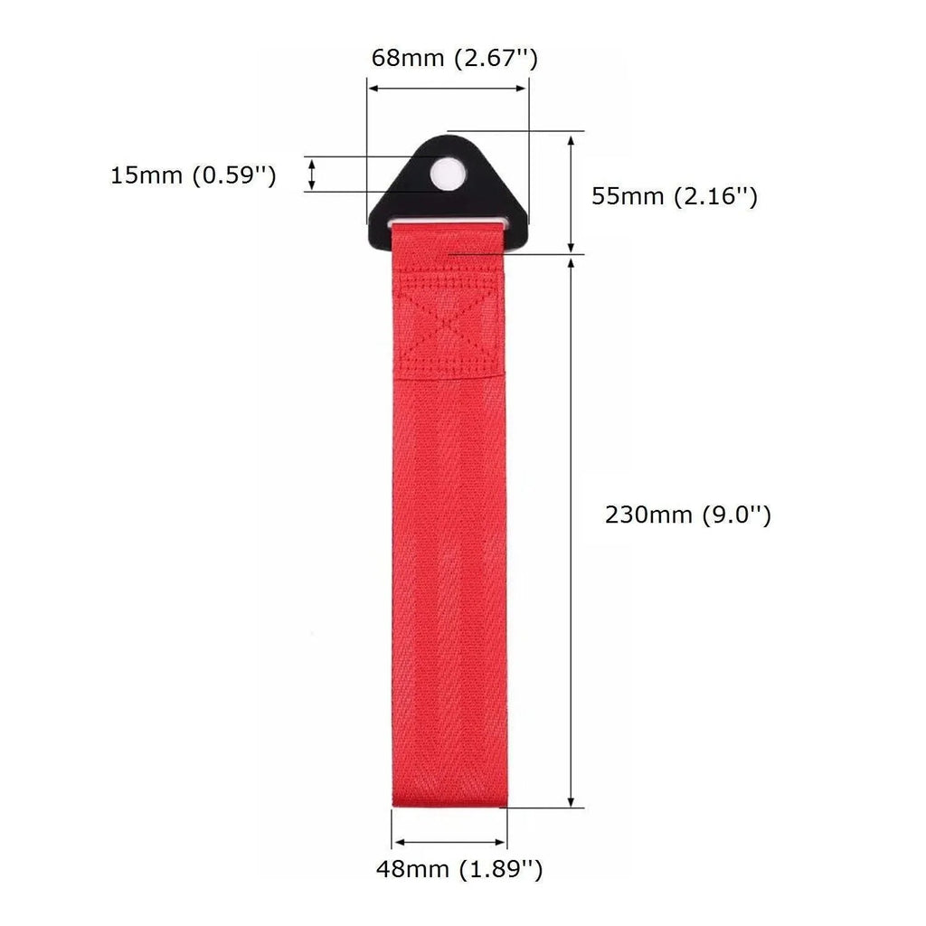 Red automotive trailer rope with ABS plastic connectors on a car bumper.