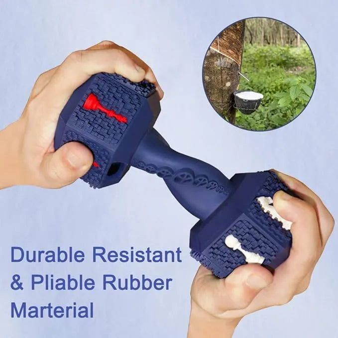 Black or blue hollow dumbbell-shaped dog chew toy with a textured surface for aggressive chewers.
