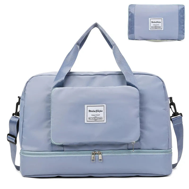 Foldable Oxford cloth travel duffel bag for women with zipper pockets and dry wet separation in purple