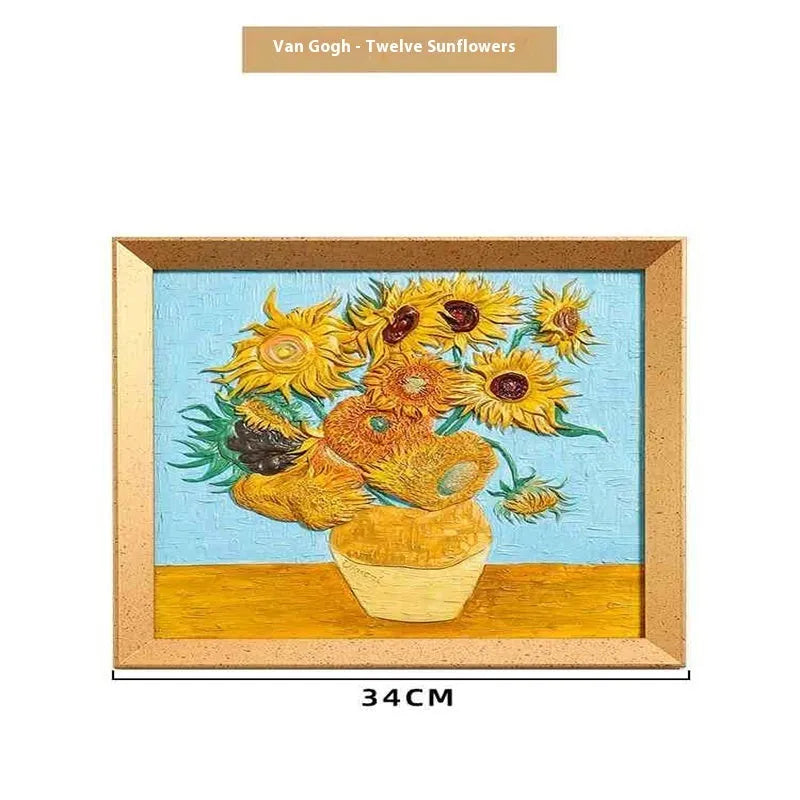 DIY oil painting kit with colour pots, brushes, and a canvas showing Van Gogh's Starry Night design.