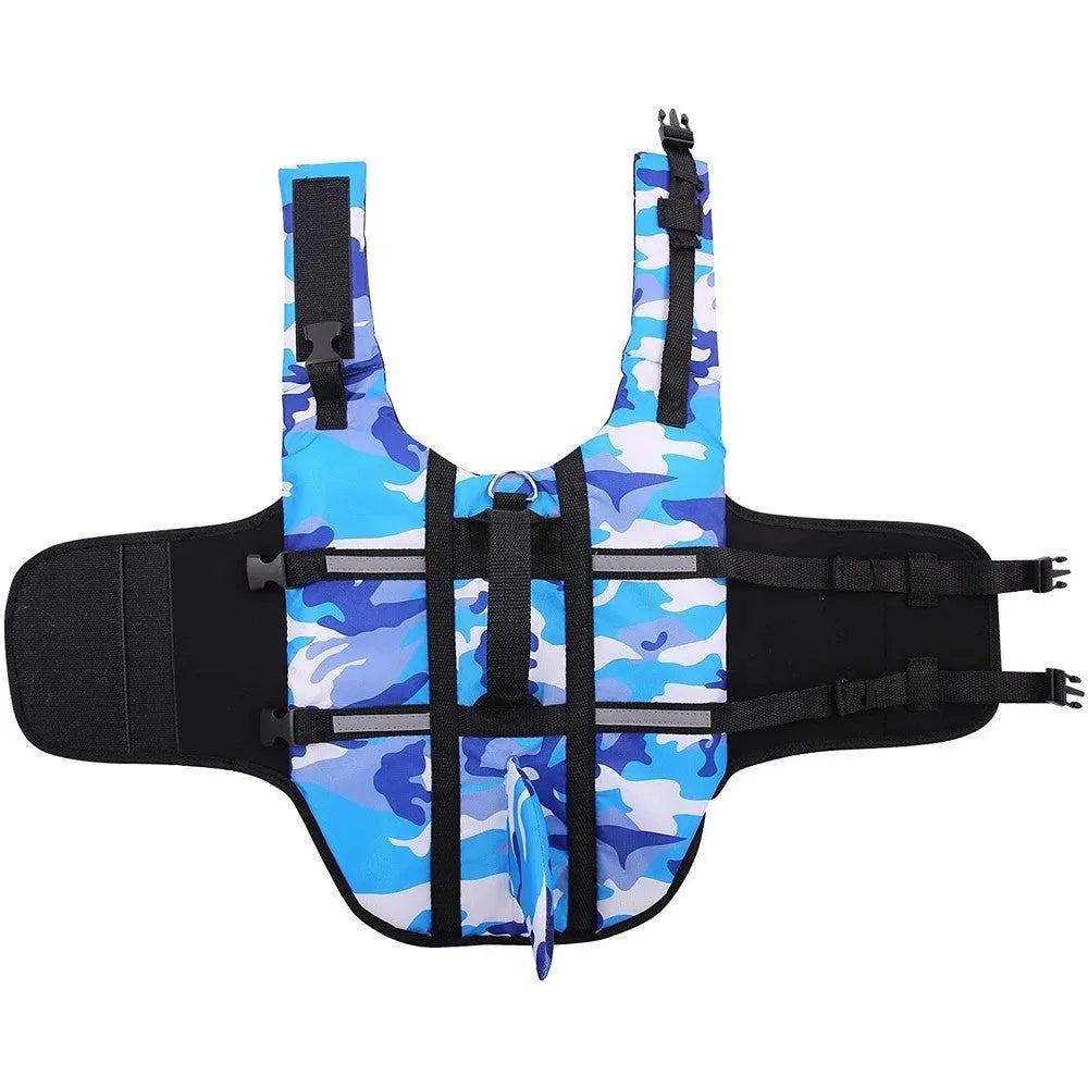 Dog life jacket in camouflage shark design, blue or rose red, sizes XS to XXL for pet swimming.