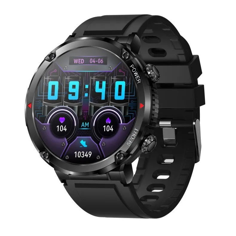T30 Smart Watch with black silicone strap showing time and health metrics on its IPS screen.