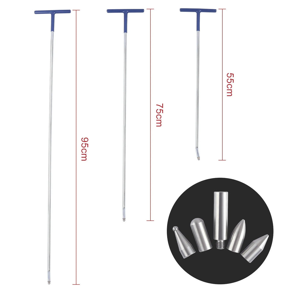 Three-piece alloy steel car dent repair tool set with hooks and a crowbar on a workbench.