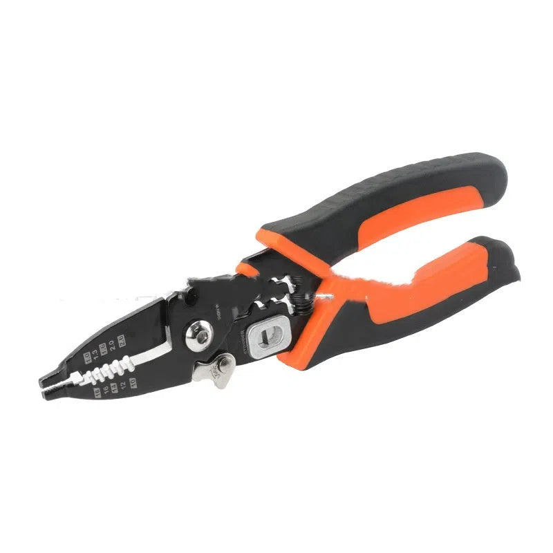 Orange multi-functional wire stripper with 65# steel clamp body and PVC handle, for stripping AWG 10-18 and crimping AWG 16-18 and 10-14