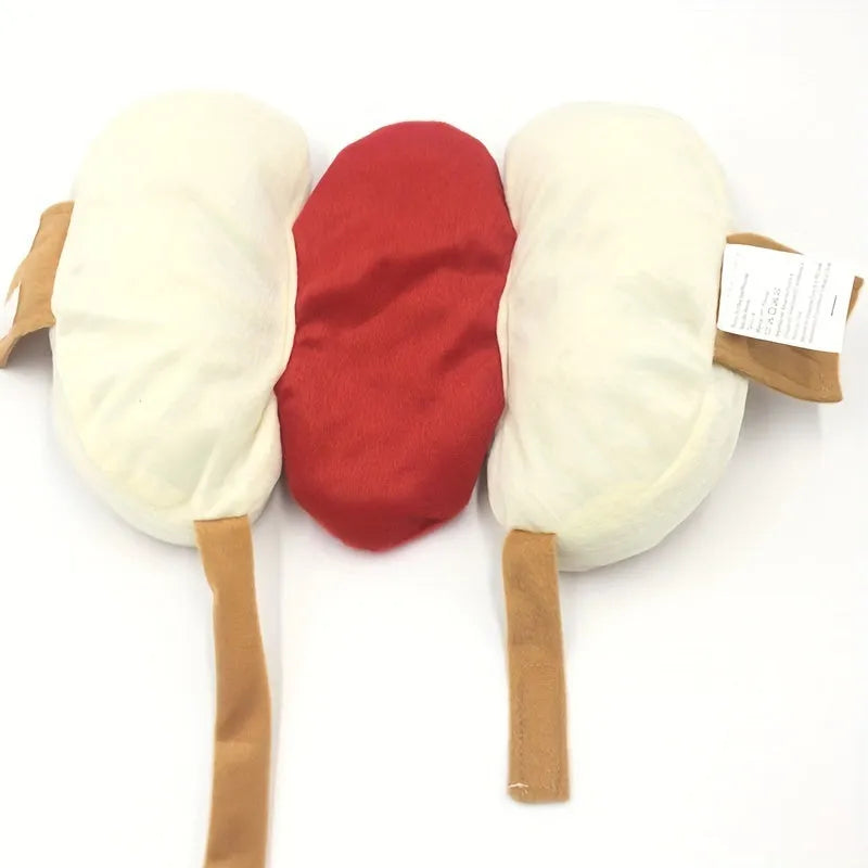 Red and beige hot dog costume coat for a small dog on a Dachshund, showing velcro closure.
