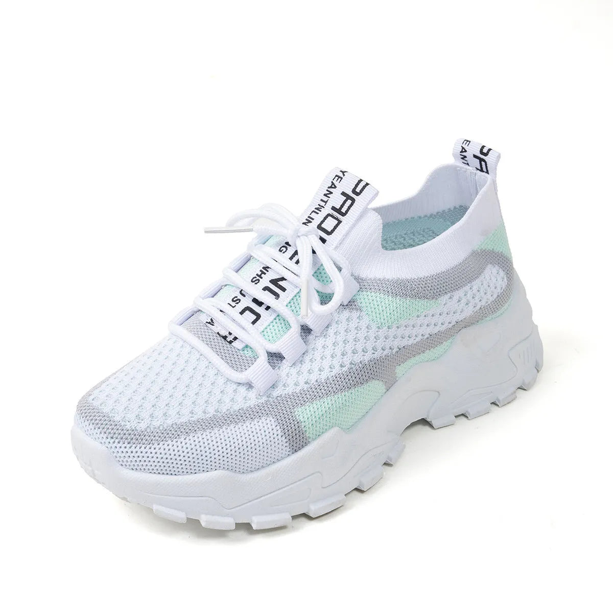 Women's Flyknit mesh lace-up sneakers in various colours with a round toe and rubber sole.