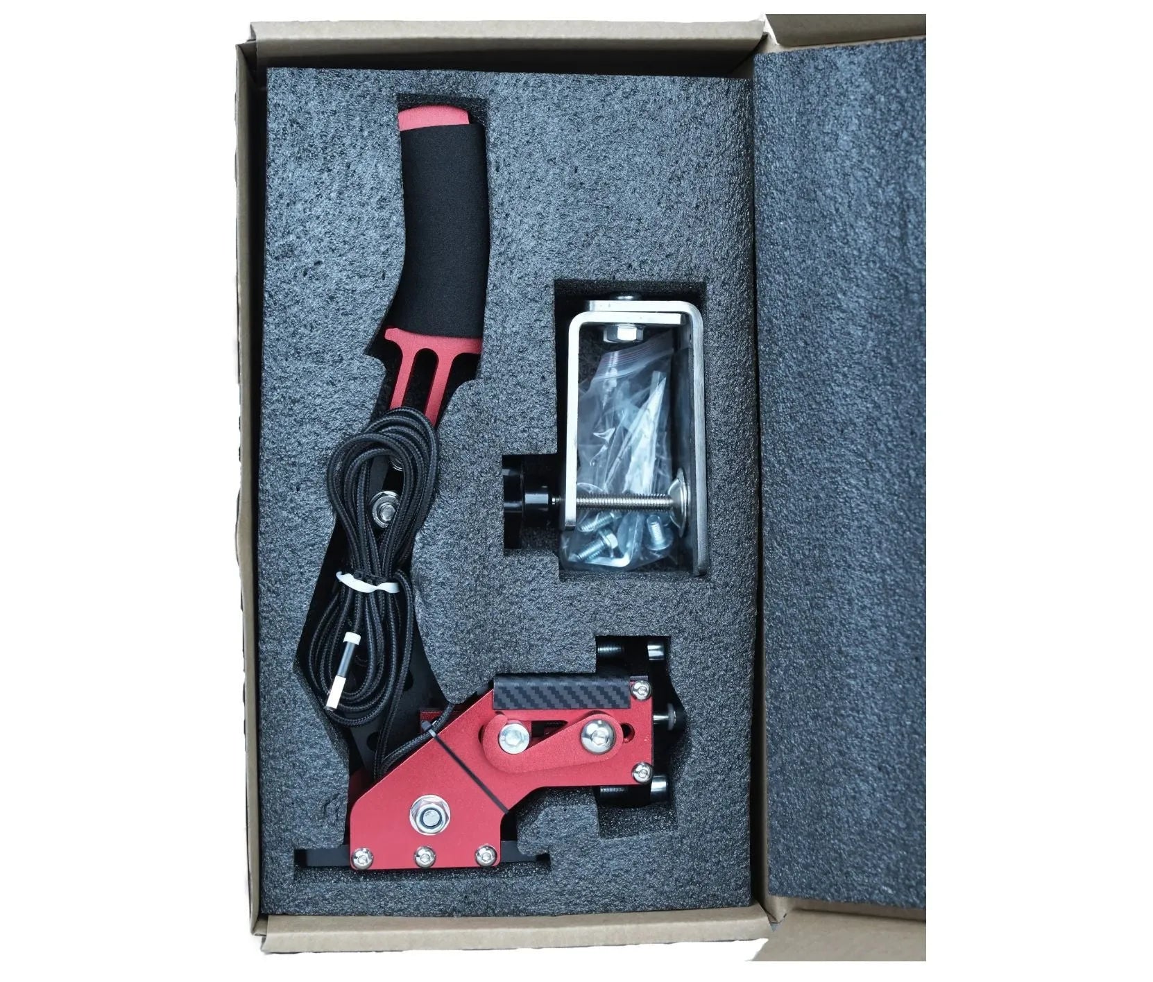 USB handbrake for PC racing simulators with metal lever and universal mounting clamp.