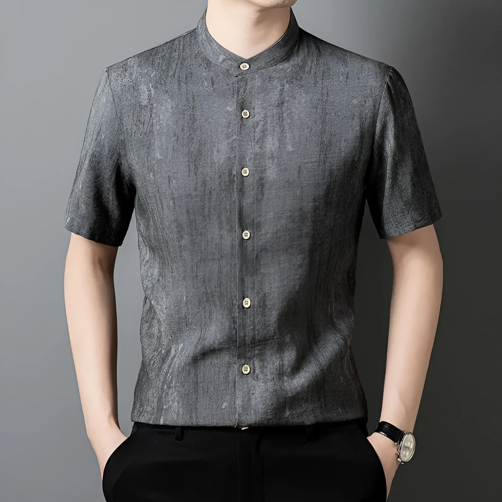 Men's loose-fit linen blend shirt with stand collar in black grey and white grey colour options