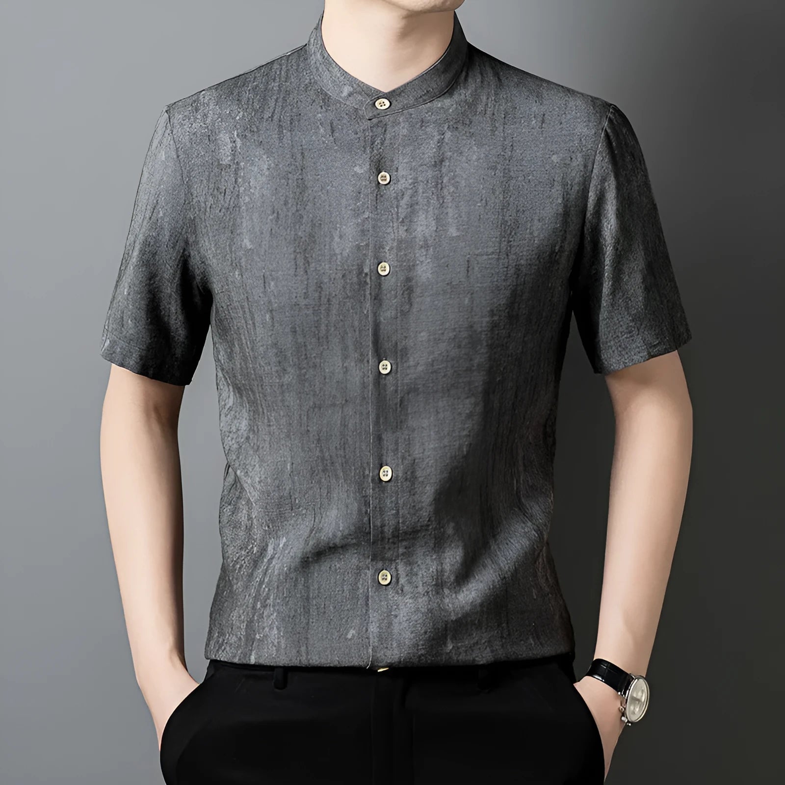 Men's loose-fit linen blend shirt with stand collar in black grey and white grey colour options