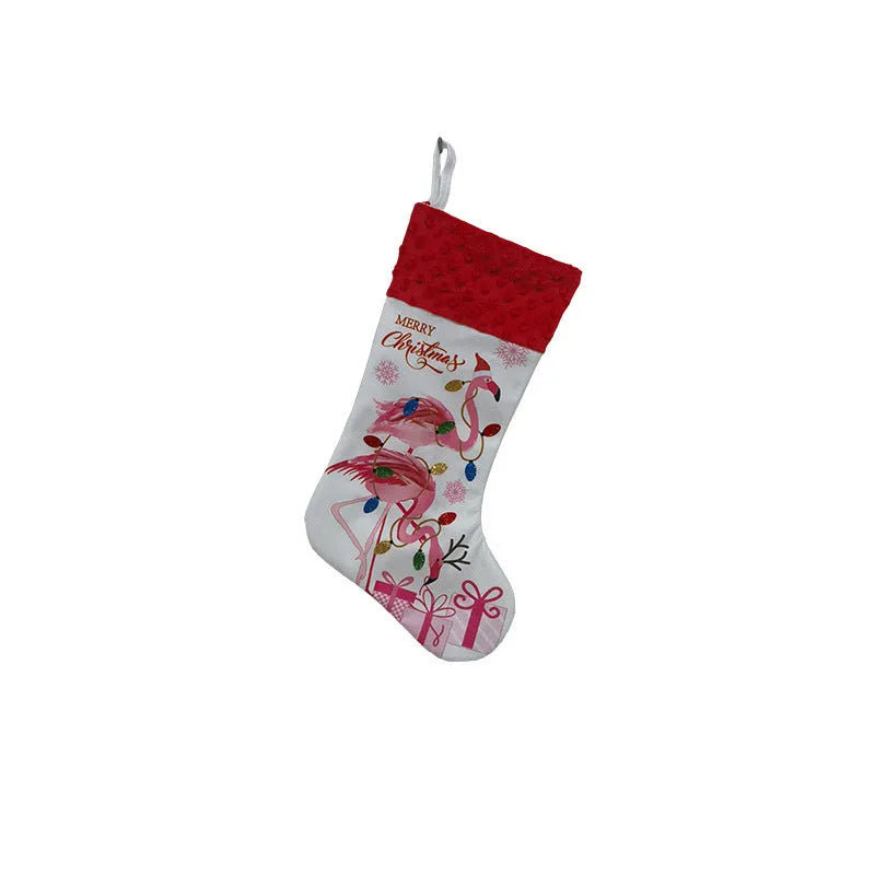 Large red flamingo-themed cloth Christmas stocking hanging for decoration