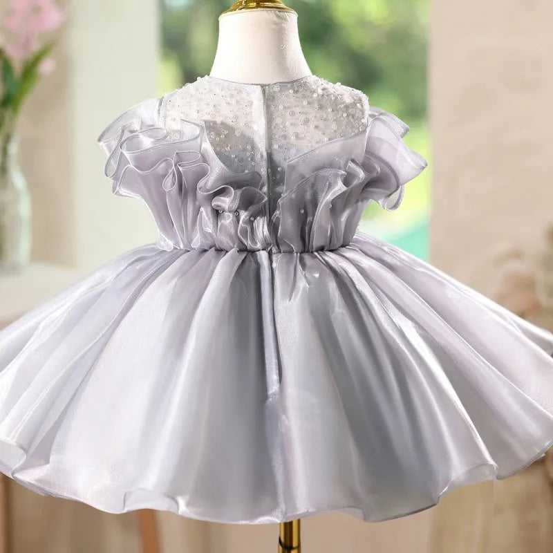 Girls' smoky grey sleeveless polyester princess dress with round neck, short length, slim fit, sizes 90cm to 160cm