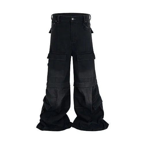Detachable washed-out cotton overalls with multi-pockets and micro-pull fastening in black or blue