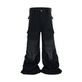 Detachable washed-out cotton overalls with multi-pockets and micro-pull fastening in black or blue