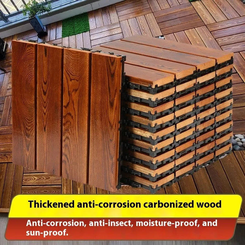 Square camphor pine floor panels with a brushed wood finish, shown in a 30x30cm size.