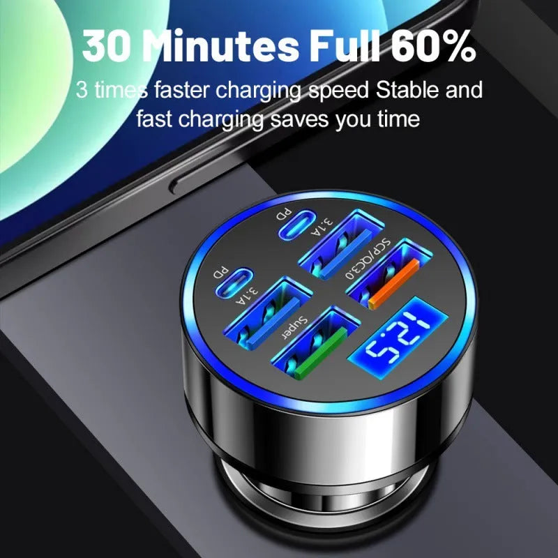 Six-in-one black car charger with 4 USB and 2 PD ports and digital display for cigarette lighter socket