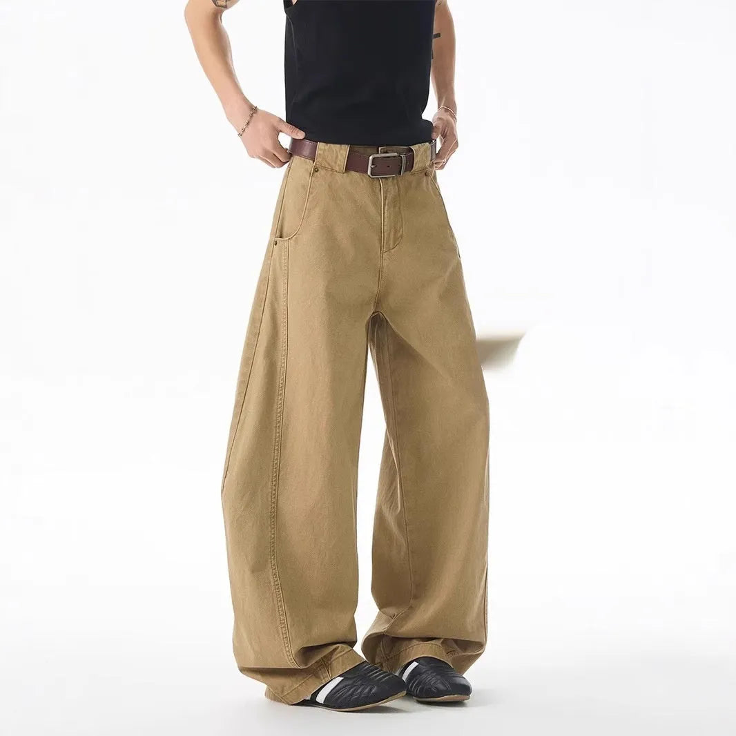 Men's brown loose fit casual jeans with straight leg, button fly, and Korean style design.